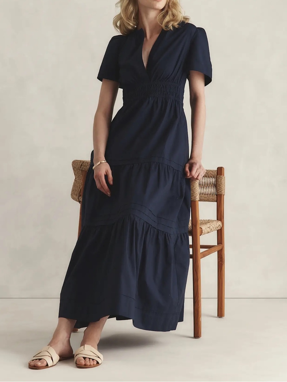 Quince 100% Organic Cotton Poplin Tiered Maxi Dress in Navy